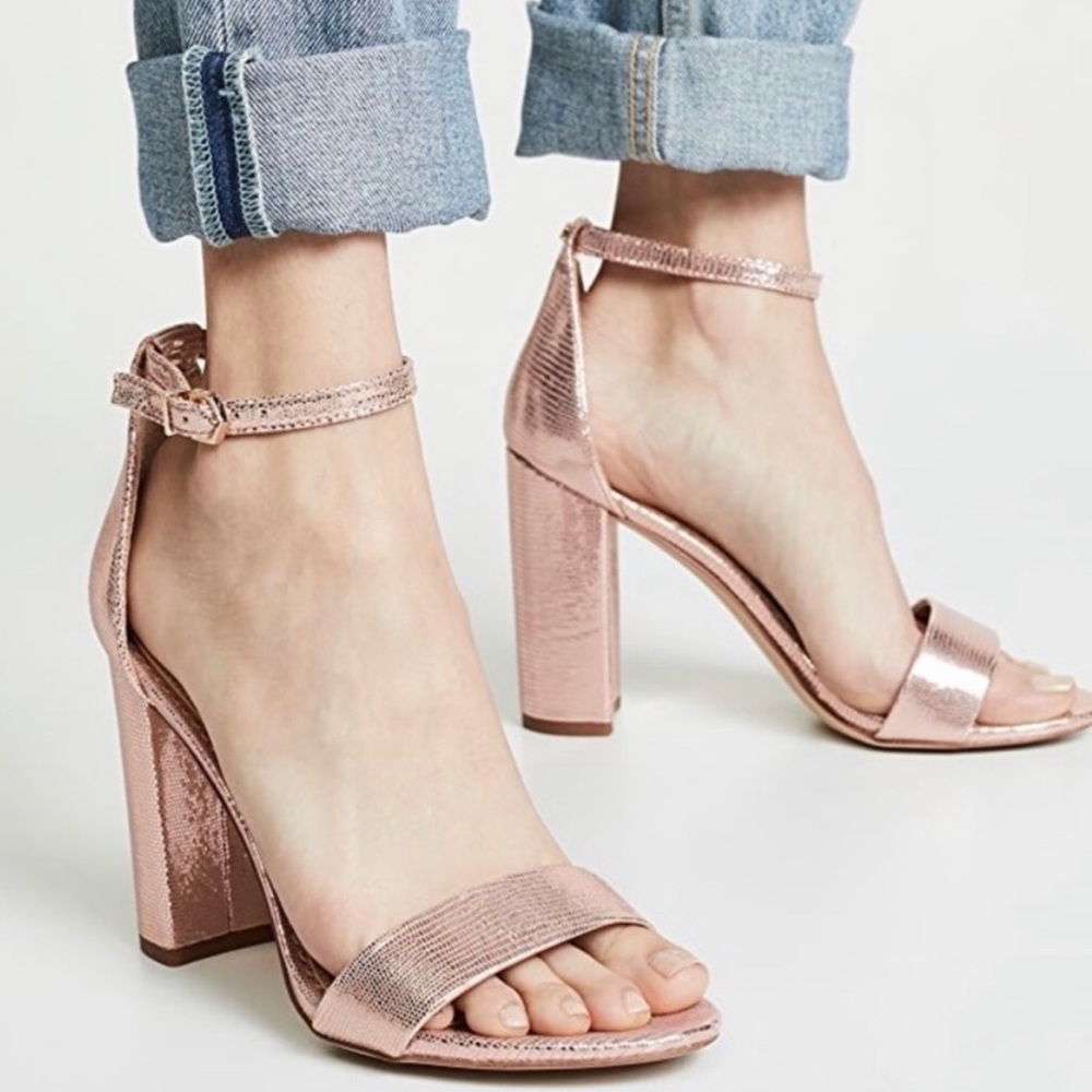 Sam Edelman Yaro Rose Gold Ankle Strap Block Heel Sandals SZ 7 Leather Heels